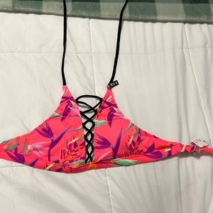New pink tropical high necked bikini top xs
